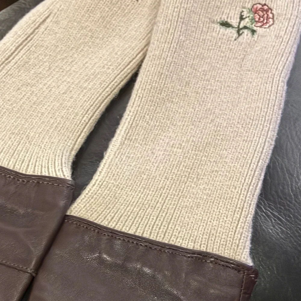 Zara NWT combined leather wool gloves with floral embroidery 1023/278